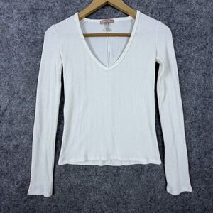 Leluxe Ribbed Knitted Top Womens Small White Stretch V-Neck Pullover Long Sleeve